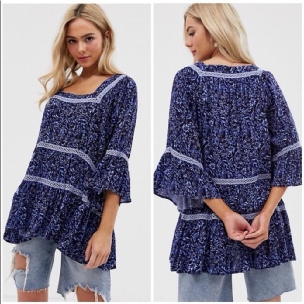 Free People Blue Floral Tunic Top